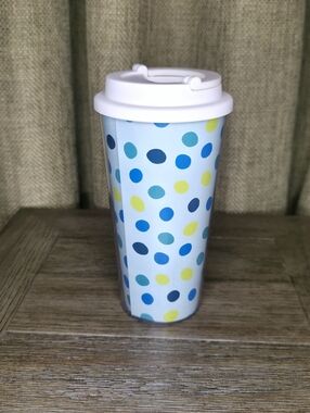 Polka Dot Travel Tumbler with White Lid - Blue & Yellow Dots